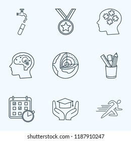 School icons line style set with hydrology, geology, learning support and other agenda elements. Isolated vector illustration school icons.