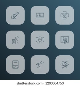 School icons line style set with exam paper, telescope, audio book and other newton cradle elements. Isolated vector illustration school icons.