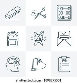 School icons line style set with study program, school backpack, desk lamp and other atom elements. Isolated vector illustration school icons.