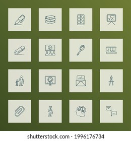 Estilo de línea de iconos escolares con preguntas con respuesta, psicología, escuela primaria y otros elementos de caucho. Iconos aislados de la escuela de ilustración vectorial.