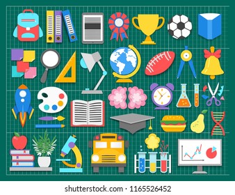 School icons on green cutting mat.Paper cut cartoon education supplies set in trendy craft style. Modern origami teaching and learning symbol design. Vector illustration