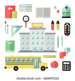 School icons on white background. School, bus, books, notepad, pen, pencil, backpack, paint, brush and other supplies. Flat style vector illustration. 