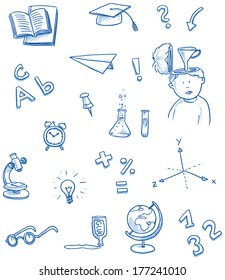 School Icons For Science, Knowledge, Reading, Math, Chemistry, Geography, Hand Drawn Sketch Vector Illustration