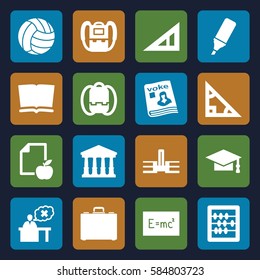school icons set. Set of 16 school filled icons such as court, triangle ruler, backpack, graduation cap, abacus, paper and apple, magazine, teacher, case, highlighter