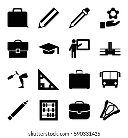 school icons set. Set of 16 school filled icons such as airport bus, pen, pencil, knee hammer reaction check, case, stapler, atom in hand, graduation hat, teacher, abacus