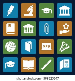 school icons set. Set of 16 school filled icons such as court, ruler, book, microscope, highlighter, stapler, court building, volleyball, atom in hand, graduation hat