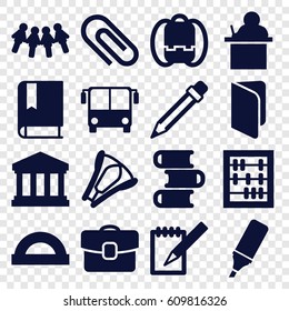 School icons set. set of 16 school filled icons such as airport bus, notebook, highlighter, pencil, stapler, court building, case, book, backpack, teacher, protractor, abacus
