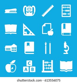 School icons set. set of 16 school filled icons such as ruler, ABC cube, backpack, book, paper and apple, apple, abacus, stapler, pen, school, microscope