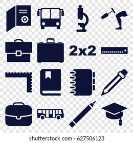 School icons set. set of 16 school filled icons such as airport bus, ruler, pen, knee hammer reaction check, case, pencil, book, notebook, arrows up, microscope, blackboard