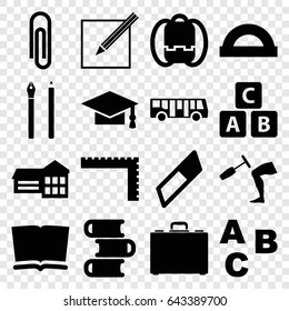 School icons set. set of 16 school filled icons such as airport bus, ruler, abc cube, graduation cap, knee hammer reaction check, case, paper and pen, book, pen, abc, backpack