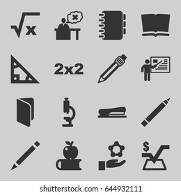 School icons set. set of 16 school filled icons such as pen, mathematical square, teacher, stapler, notebook, atom in hand, book, square root, microscope, blackboard, triangle