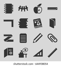 School icons set. set of 16 school filled icons such as ruler, triangle ruler, book, pencil, apple, magazine, notebook, teacher, diploma, children, clip