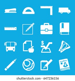 School icons set. set of 16 school filled icons such as airport bus, ruler, pen, mathematical square, paper and apple, magazine, notebook, paper and pen, stapler, book, case