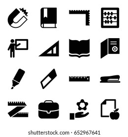 School icons set. set of 16 school filled icons such as triangle ruler, ruler, book, abacus, paper and apple, highlighter, stapler, atom in hand, teacher, case, magnet, eraser