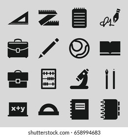 School icons set. set of 16 school filled icons such as ruler, pen, microscope, notebook, case, abacus, ink pen, book, notepad, protractor, blackboard x+y, measure ruler