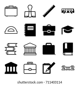 School icons set. set of 16 school filled and outline icons such as airport bus, ruler, notebook, case, court building, book, paper clamp, notepad, protractor, blackboard