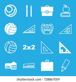 School icons set. set of 16 school filled and outline icons such as case, volleyball, triangle ruler, backpack, ruler, highlighter, stapler, pen, school, blackboard, triangle