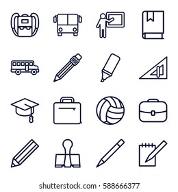 school icons set. Set of 16 school outline icons such as airport bus, triangle ruler, backpack, pencil, pen, notebook, case, highlighter, paper clamp, book, volleyball