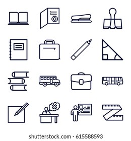 School icons set. set of 16 school outline icons such as airport bus, pen, book, teacher, case, paper and pen, stapler, paper clamp, notepad, bus, triangle, diploma