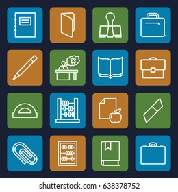School icons set. set of 16 school outline icons such as book, pen, paper and apple, teacher, case, abacus, paper clamp, notepad, protractor, eraser