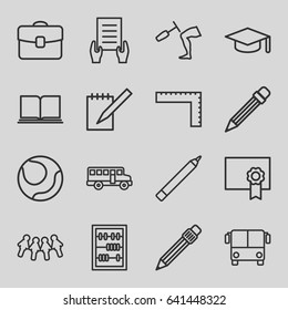 School icons set. set of 16 school outline icons such as airport bus, ruler, pen, holding document, notebook, knee hammer reaction check, abacus, pencil, case, diploma