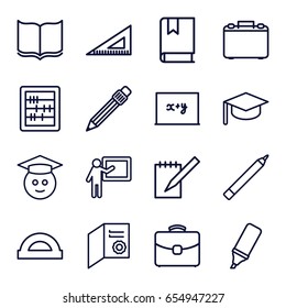 School icons set. set of 16 school outline icons such as pen, book, abacus, ruler, notebook, case, highlighter, graduate emoji, teacher, protractor, blackboard x+y, diploma