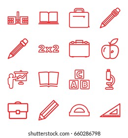 School icons set. set of 16 school outline icons such as abc cube, pencil, ruler, apple, pen, case, book, protractor, microscope, blackboard, school