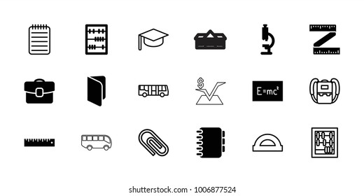 School icons. set of 18 editable filled and outline school icons: book, microscope, board with formulas, abacus, ruler, case, notebook, airport bus, backpack, protractor