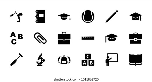 School icons. set of 18 editable filled school icons: abc cube, book, graduation cap, abc, graduation hat, knee hammer reaction check, medical hammer, clip, ruler, case, pen