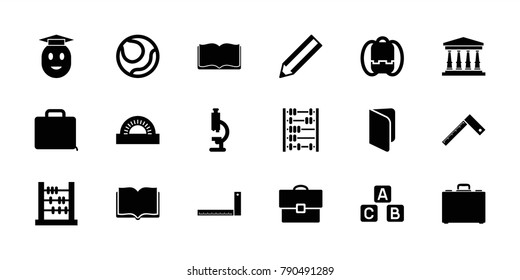 School icons. set of 18 editable filled school icons: pencil, abacus, book, backpack, microscope, volleyball, case, court, ruler, abc cube, protractor