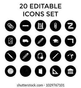 School icons. set of 20 editable filled school icons such as court, ruler, graduation cap, abacus, paper clip, bus, triangle. best quality school elements in trendy style.