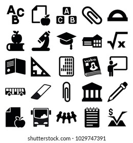 School icons. set of 25 editable filled school icons such as airport bus, school, protractor, square root, paper clip, triangle, apple on book, children, paper and apple