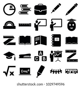 School icons. set of 25 editable filled school icons such as airport bus, case, square root, circle, measure ruler, highlighter, stapler, ruler, abc cube, pen, book