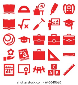 School icons set. set of 25 school filled icons such as ruler, abc cube, backpack, book, abacus, magazine, teacher, medical hammer, case, highlighter, diploma, arrows up