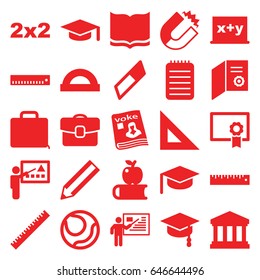 School icons set. set of 25 school filled icons such as ruler, book, pencil, magazine, notebook, case, court building, diploma, teacher, arrows up, graduation hat, protractor
