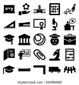 School icons set. set of 25 school filled icons such as ruler, abacus, graduate emoji, microscope, teacher, case, ink pen, stapler, court building, diploma, arrows up