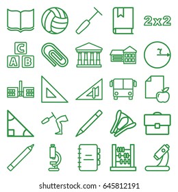 School icons set. set of 25 school outline icons such as airport bus, court, triangle ruler, abc cube, pen, book, paper and apple, microscope, knee hammer reaction check