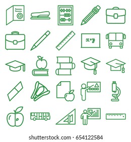 School icons set. set of 25 school outline icons such as airport bus, ruler, triangle ruler, graduation cap, pen, paper and apple, apple, case, abacus, stapler, teacher, book