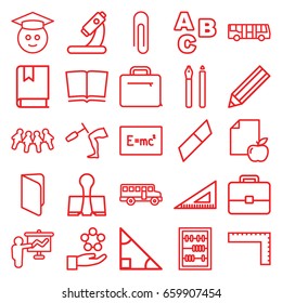 School icons set. set of 25 school outline icons such as airport bus, ruler, pencil, paper and apple, microscope, knee hammer reaction check, case, abacus, paper clamp, book