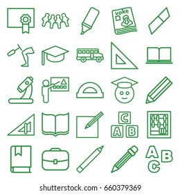 School icons set. set of 25 school outline icons such as triangle ruler, abc cube, pen, book, pencil, microscope, magazine, knee hammer reaction check, paper and pen
