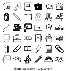 School icons. set of 36 editable outline school icons such as case, airport bus, court, ruler, graduation cap, holding document, notepad, graduation hat, pen, teacher, school