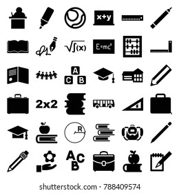 School icons. set of 36 editable filled school icons such as airport bus, pen, book, graduation cap, pencil, teacher, school, ruler, blackboard, abacus, blackboard x+y