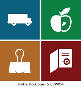 School icons set. set of 4 school filled icons such as apple, paper clamp, bus
