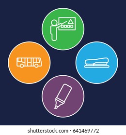 School icons set. set of 4 school outline icons such as airport bus, highlighter, stapler