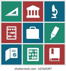 School icons set. set of 9 school filled icons such as ruler, case, abacus, highlighter, court building, book, microscope
