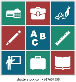 School icons set. set of 9 school filled icons such as ruler, book, pen, ink pen, case, ABC, teacher