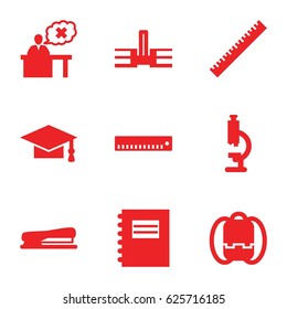 School icons set. set of 9 school filled icons such as ruler, graduation cap, teacher, stapler, notepad, backpack, microscope