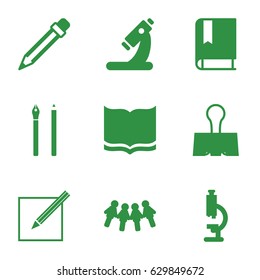 School icons set. set of 9 school filled icons such as book, microscope, paper and pen, pencil, paper clamp, pen