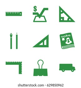 School icons set. set of 9 school filled icons such as triangle ruler, ruler, mathematical square, magazine, paper clamp, pen, bus