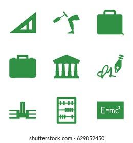 School icons set. set of 9 school filled icons such as court, triangle ruler, knee hammer reaction check, case, abacus, ink pen, board with formulas